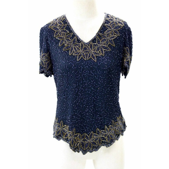 Stenay Beaded Silk Blouse Womens M Black Gold Cocktail Formal Party - Picture 1 of 12